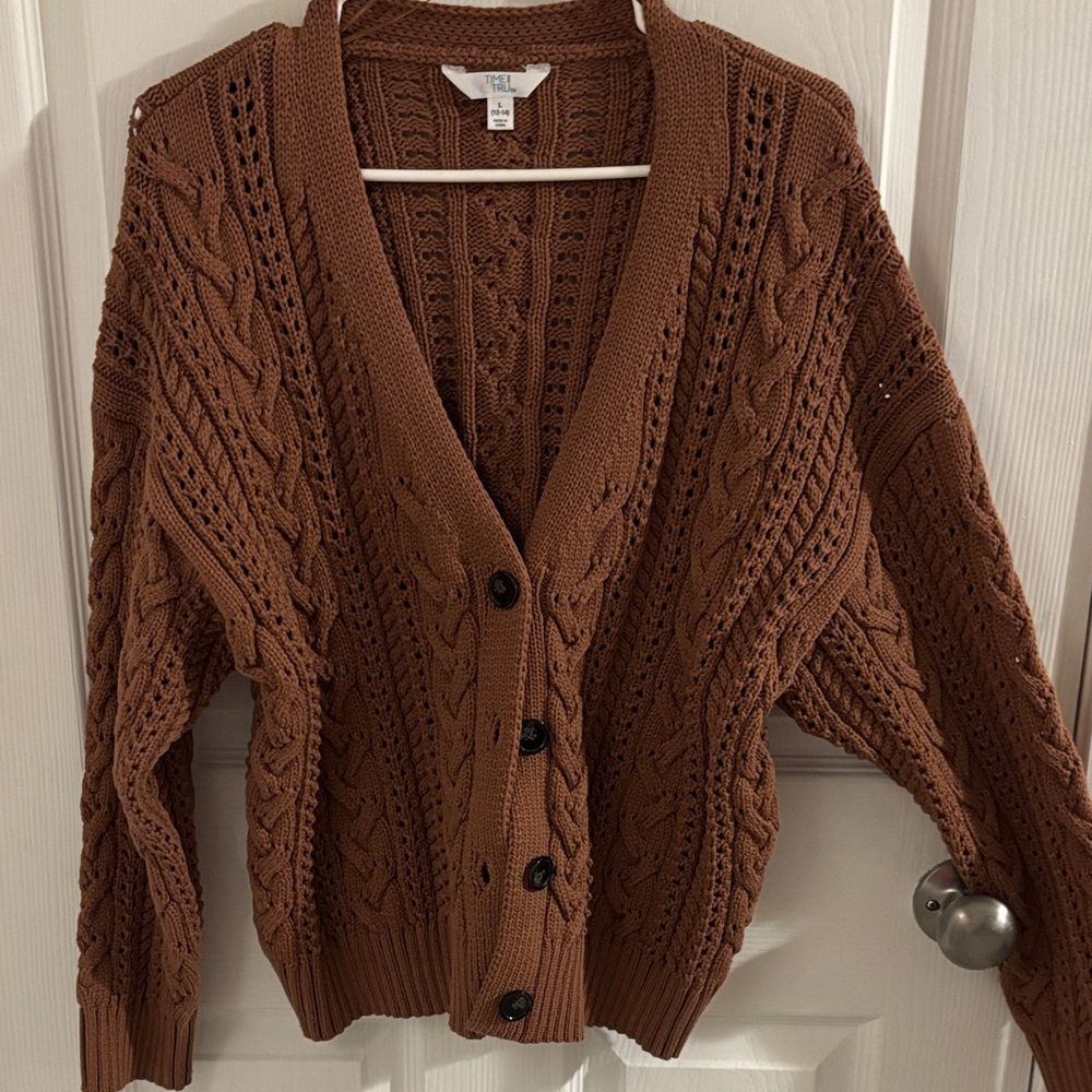 Time and Tru Brown Cable Knit Button-Front Cardigan